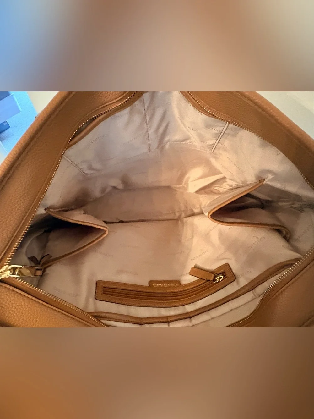 Calvin Klein Caramel Pebbled Faux Leather Tote Classic Large Boho Chic Elegant